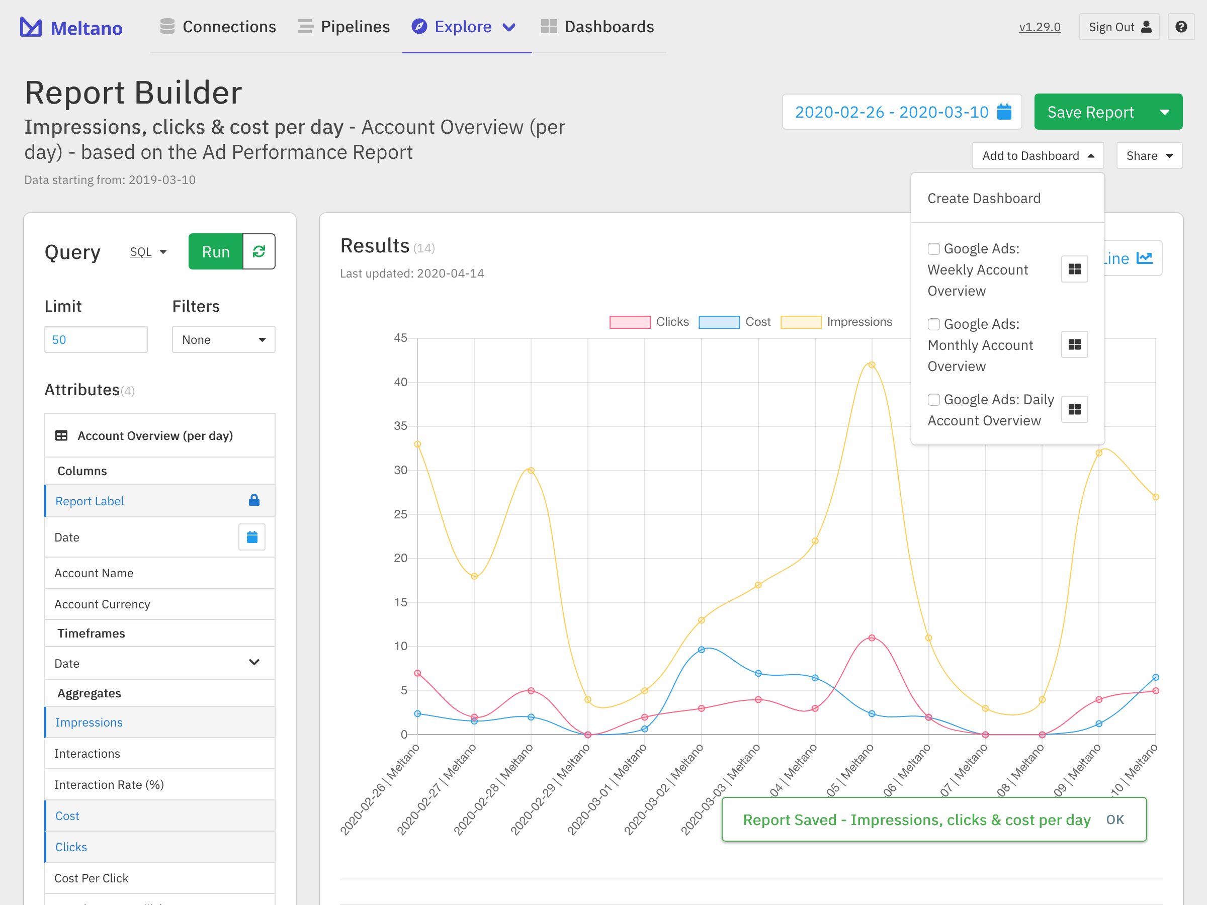 Dropdown menu for adding report to dashboard